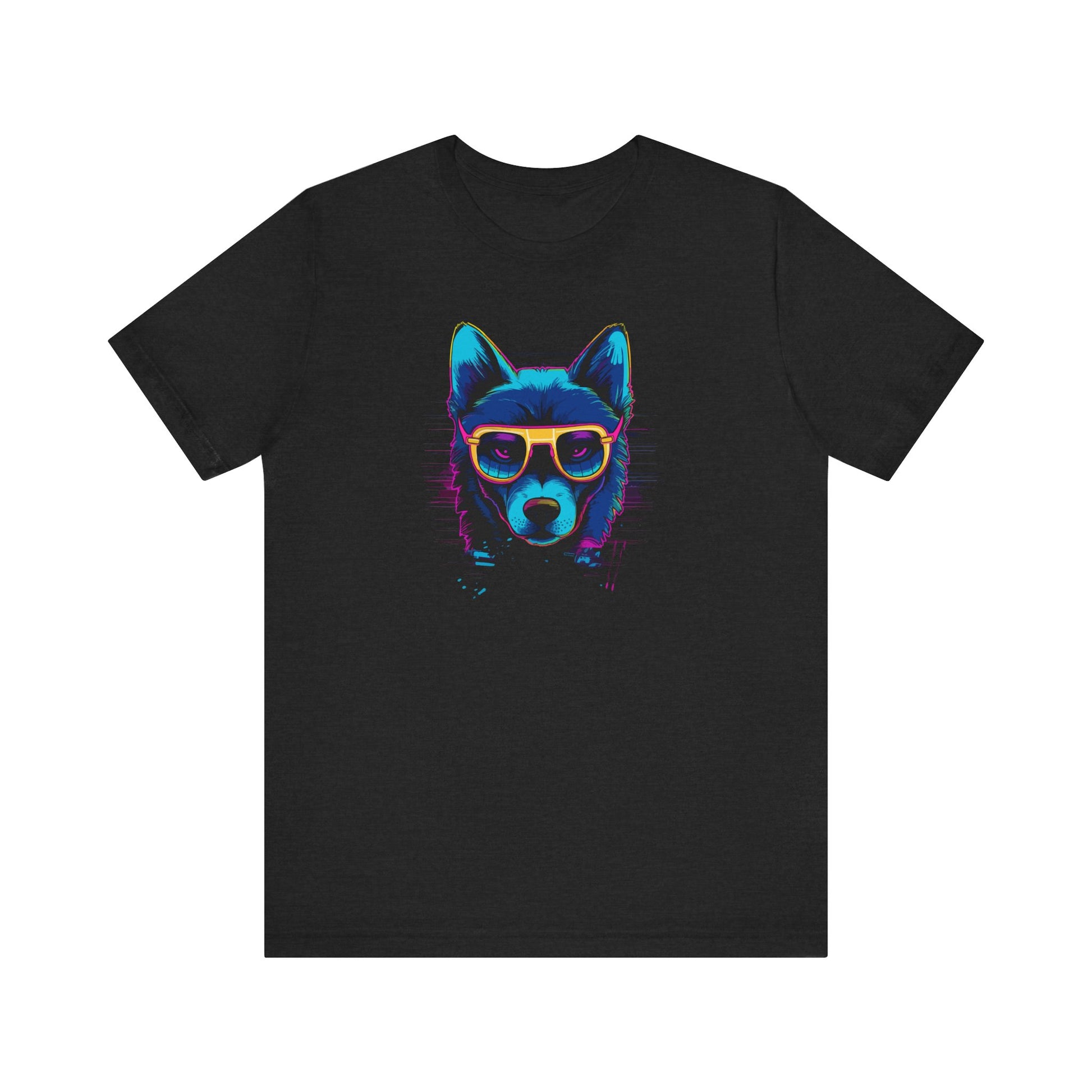 Cosmic Steel: Wolf in Rimmed Sunglasses under Celestial Skies T-Shirt.